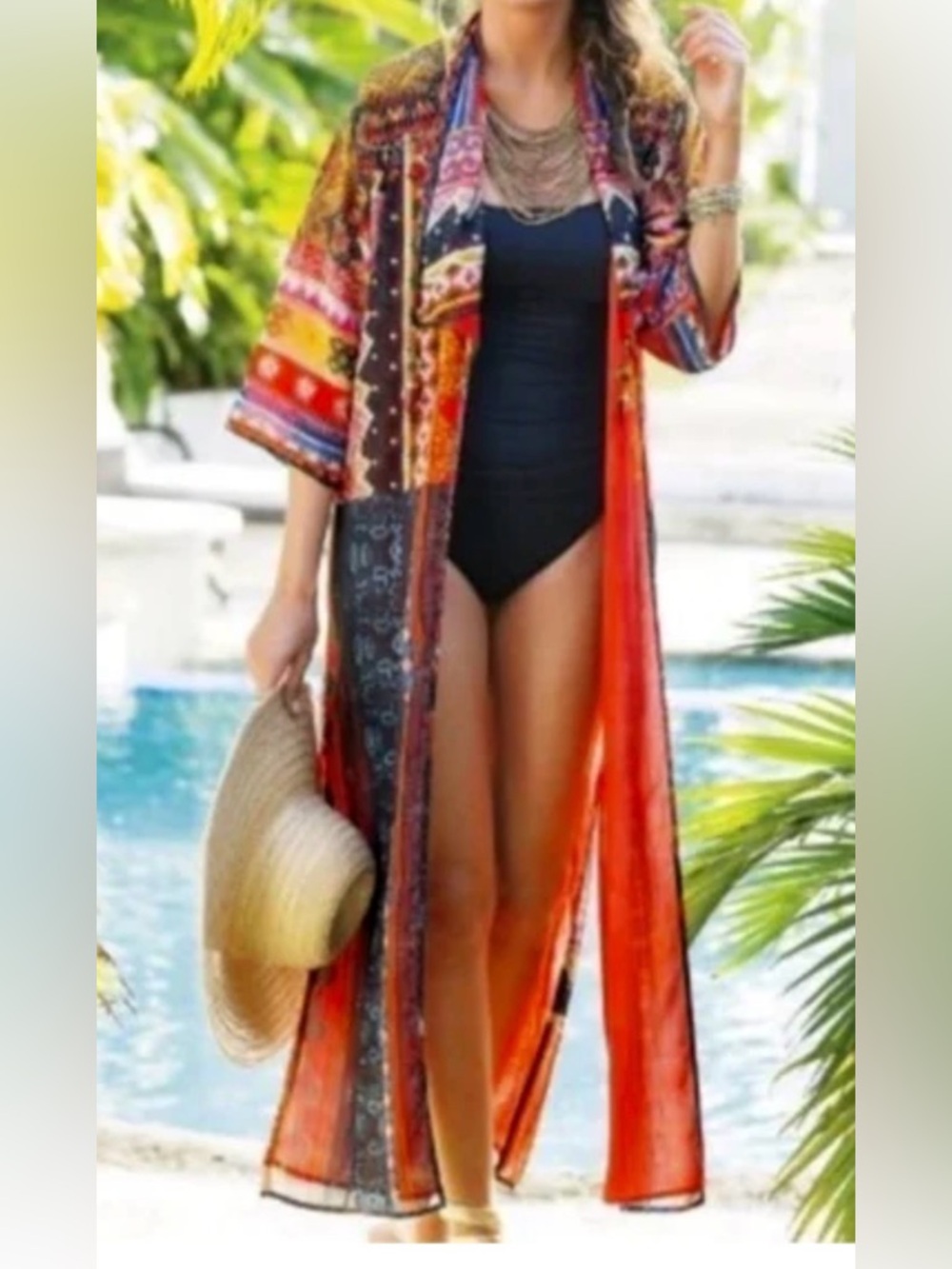 Boho Maxi Kimono Cover-Up in Rust Multi - Picture 7 of 10